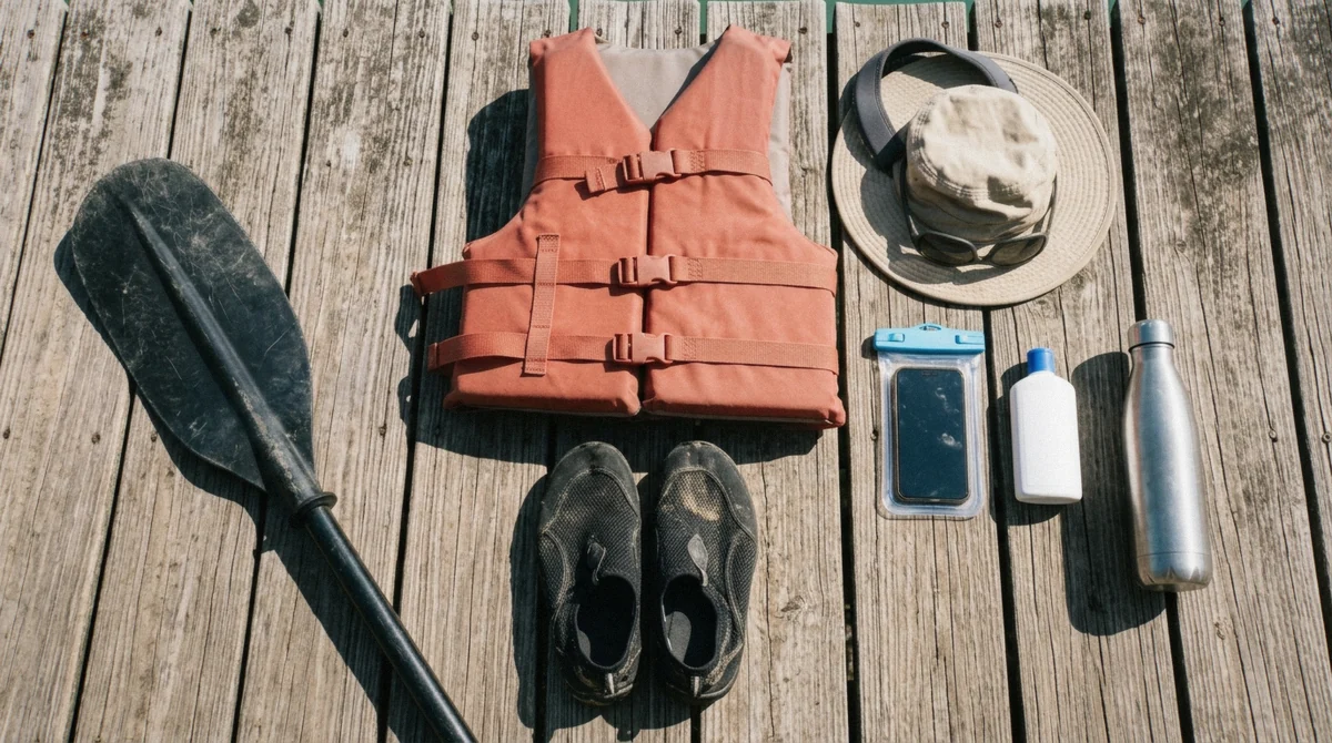 Family kayaking gear laid out including life jackets and reef-safe sunscreen for kayaking Condado Lagoon with kids in San Juan