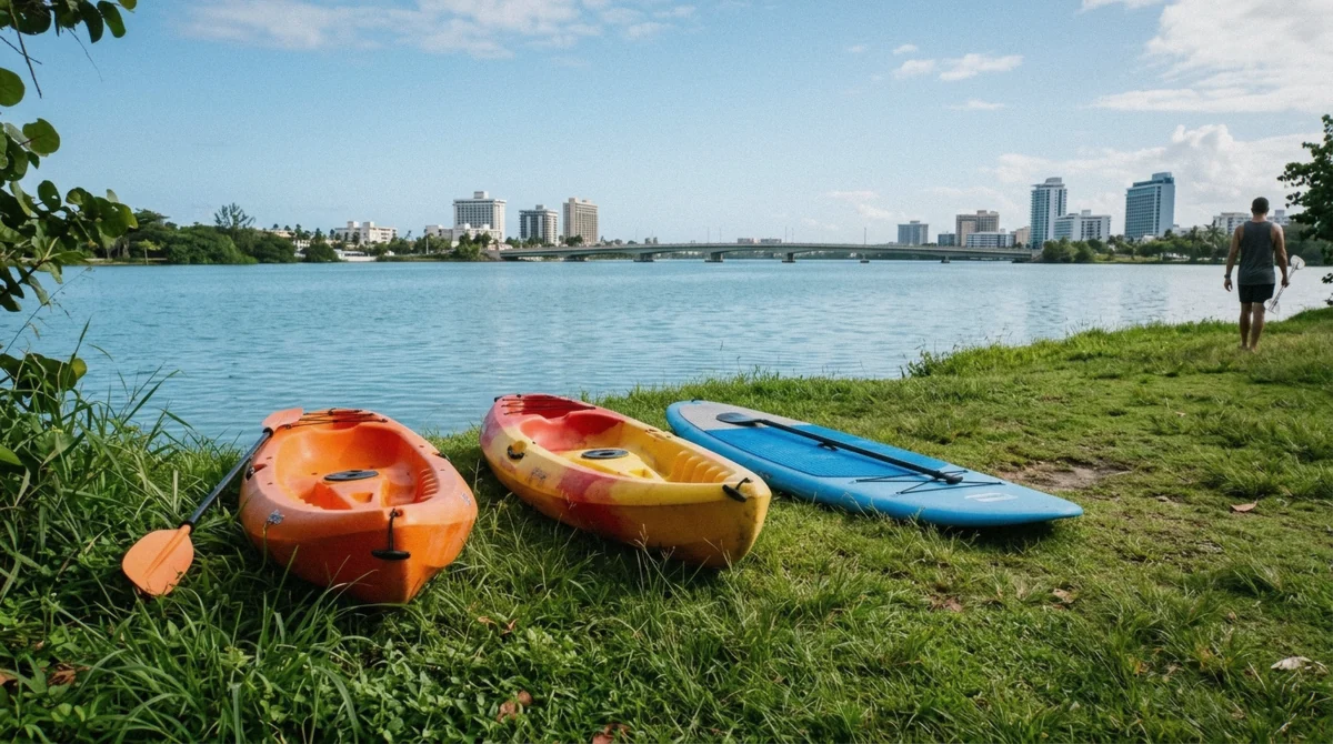 Kayaks lined up at the Jaime Benítez Park launch point on the Condado Lagoon, the starting point for the best time to kayak Condado Lagoon trips